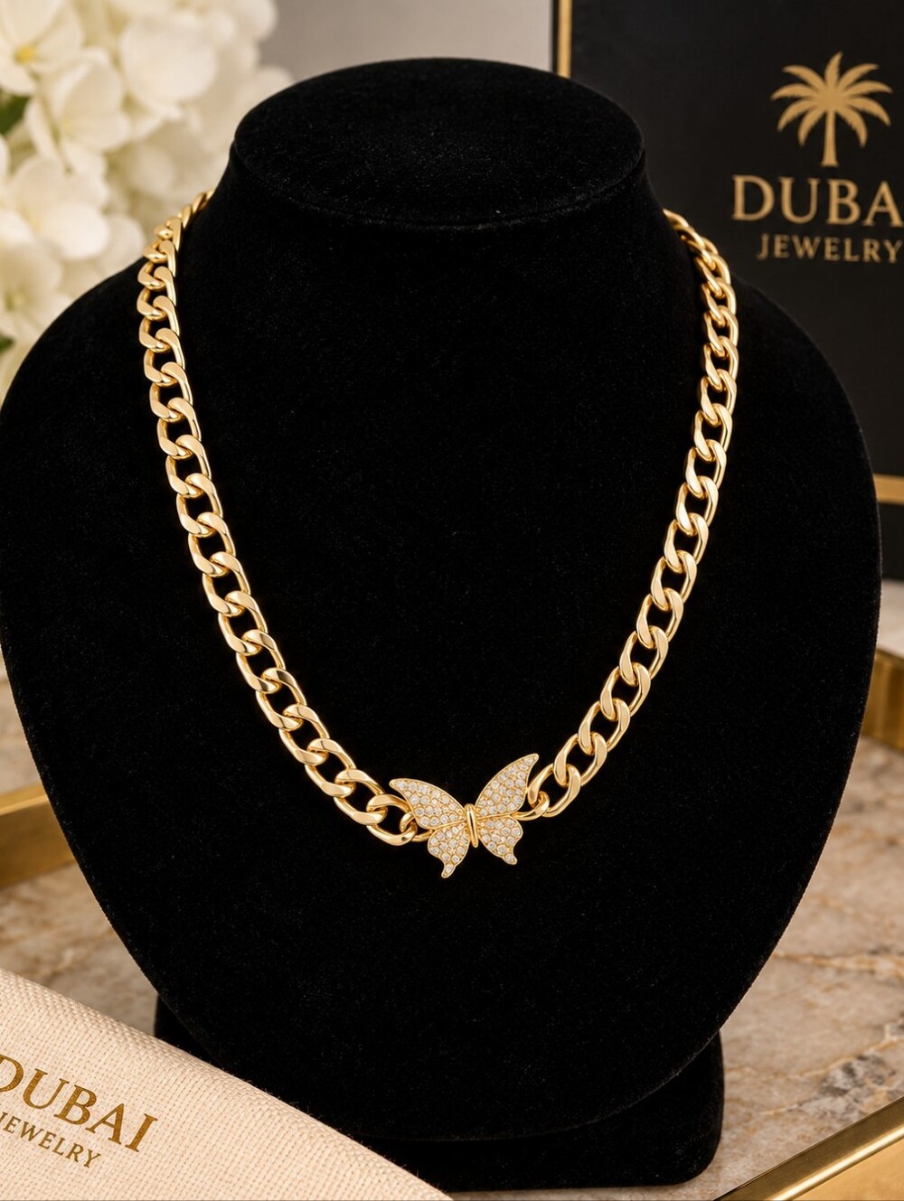 22kgp Dubai Jewelry Gold Butterfly Pavé Chain Necklace - Women's Jewelry